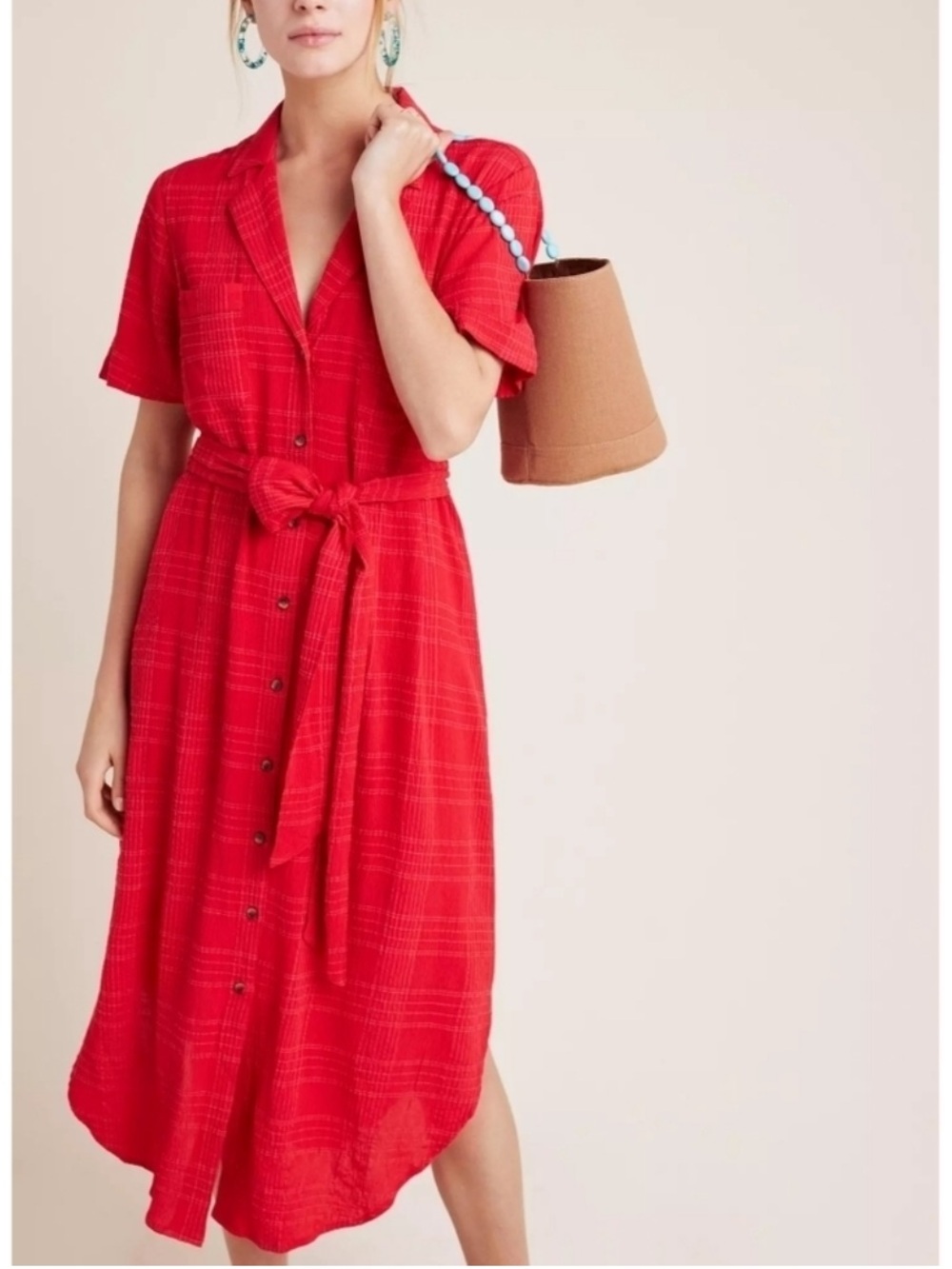 Anthropologie Maeve Aria Textured Shirtdress Red size XS